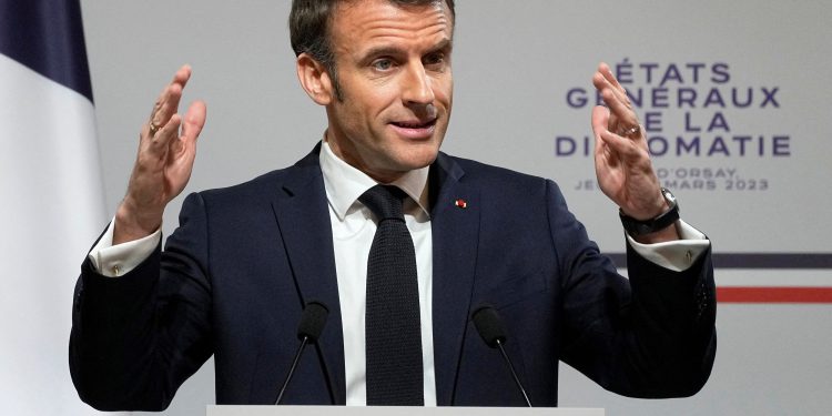 French President Emmanuel Macron delivers his speech during the National Roundtable on Diplomacy at the foreign ministry in Paris, Thursday, March 16, 2023. Michel Euler/Pool via REUTERS