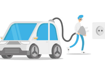 Man using a power cable and plug for charging of electric car at EV charging station. Vector Graphic