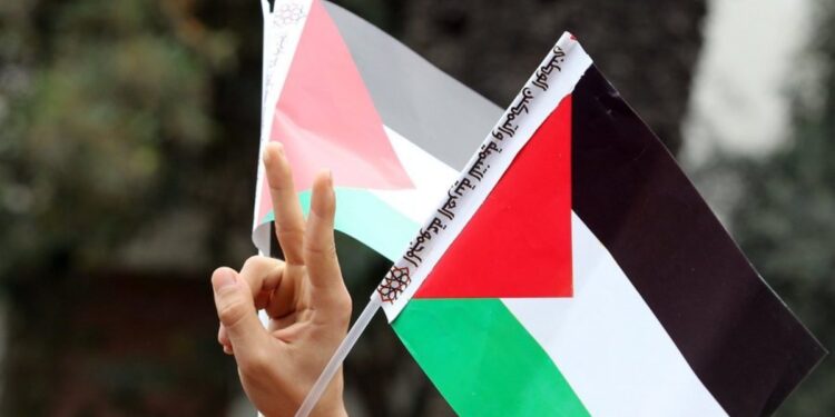 epa03645369 A Participants at the World Social Forum (WSF) holds a Palestinian flag, and flashes the victory sign, at the closing of the forum in solidarity with the Palestinian people during the Earth Day symbol of resistance in Palestine, in Tunis, Tunisia, 30 March 2013. The WSF opened in Tunisia on 26 March, with tens of thousands of trade union members and political for a five- day meeting. The event was launched in Brazil in 2001.  EPA/MOHAMED MESSARA